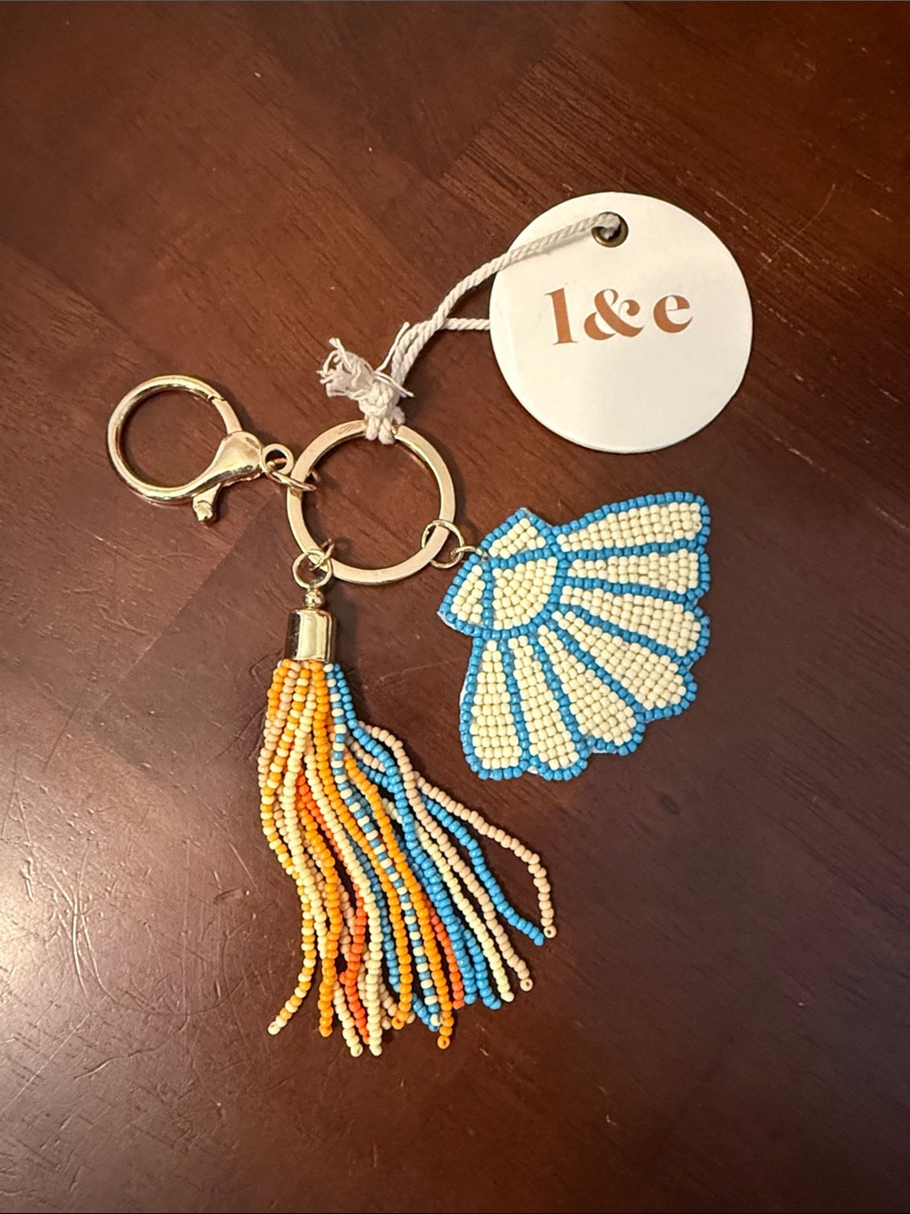 Beaded Shell & Tassel Keychain - Blue, Cream, Orange